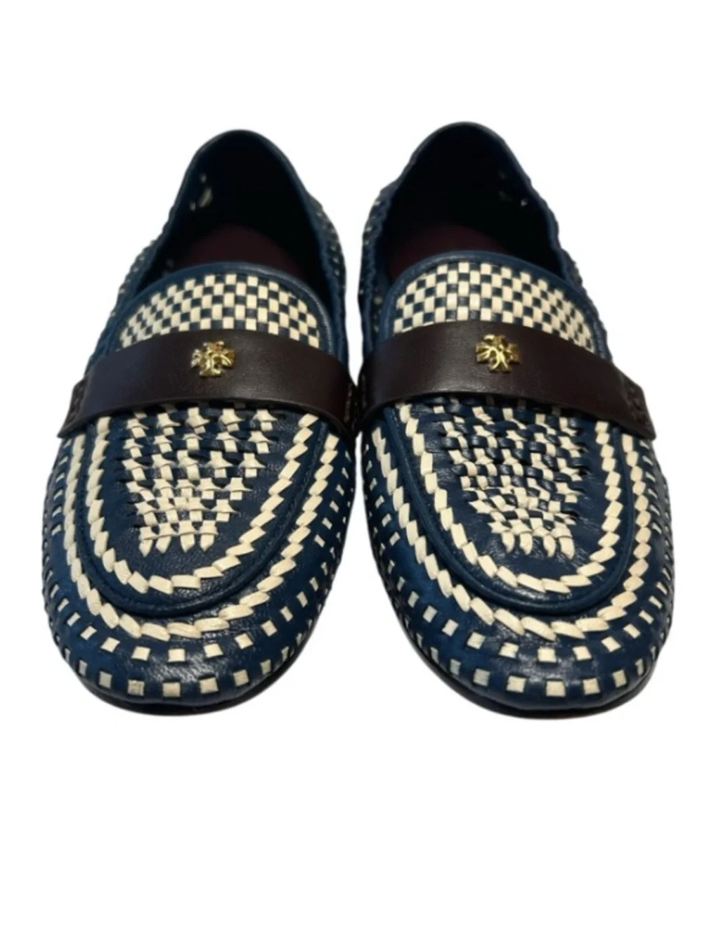 Tory Burch Woven Leather Ballet Loafers, slip-on, almond toe, double-T logo.